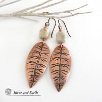 Copper Leaf Earrings with Agate Stones - Earthy Nature Jewelry