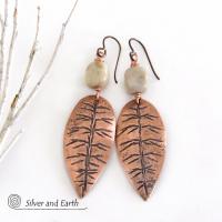 Copper Leaf Earrings with Agate Stones - Earthy Nature Jewelry