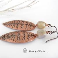 Copper Leaf Earrings with Agate Stones - Earthy Nature Jewelry