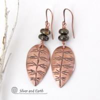 Copper Leaf Earrings with Brown Bronzite Stones - Nature Jewelry