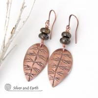 Copper Leaf Earrings with Brown Bronzite Stones - Nature Jewelry