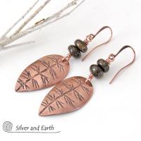 Copper Leaf Earrings with Brown Bronzite Stones - Nature Jewelry