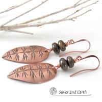 Copper Leaf Earrings with Brown Bronzite Stones - Nature Jewelry