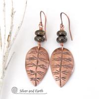 Copper Leaf Earrings with Brown Bronzite Stones - Nature Jewelry