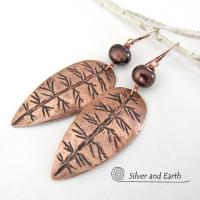 Copper Leaf Earrings with Bronze Pearls - Modern Nature Jewelry