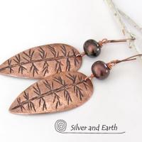 Copper Leaf Earrings with Bronze Pearls - Modern Nature Jewelry