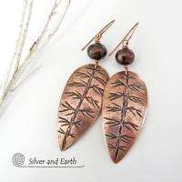 Copper Leaf Earrings with Bronze Pearls - Modern Nature Jewelry