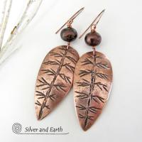 Copper Leaf Earrings with Bronze Pearls - Modern Nature Jewelry