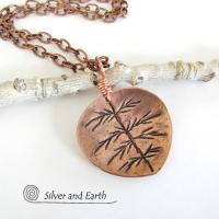 Copper Leaf Necklace with Hand Stamped Design - Earthy Nature Jewelry