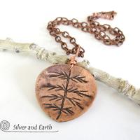 Copper Leaf Necklace with Hand Stamped Design - Earthy Nature Jewelry