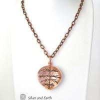 Copper Leaf Necklace with Hand Stamped Design - Earthy Nature Jewelry