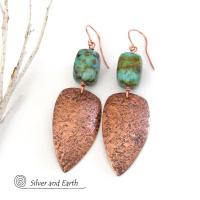 Copper Tribal Shield Earrings with African Turquoise - Hand Forged Metal Jewelry