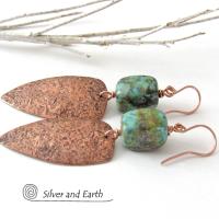 Copper Tribal Shield Earrings with African Turquoise - Hand Forged Metal Jewelry