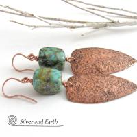 Copper Tribal Shield Earrings with African Turquoise - Hand Forged Metal Jewelry