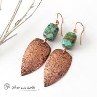 Copper Tribal Shield Earrings with African Turquoise - Hand Forged Metal Jewelry