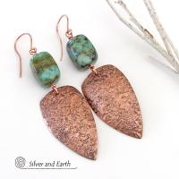 Copper Tribal Shield Earrings with African Turquoise - Hand Forged Metal Jewelry