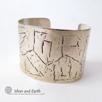 Textured Wide Sterling Silver Cuff Bracelet - Handcrafted Silver Jewelry