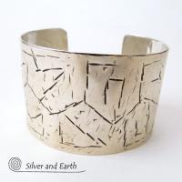 Textured Wide Sterling Silver Cuff Bracelet - Handcrafted Silver Jewelry