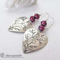 Sterling Silver Heart Earrings with Burgundy Pearls - Unique Romantic Jewelry