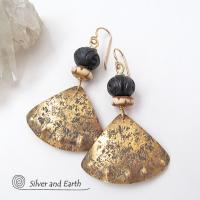 Gold Brass Tribal Earrings with African Carved Bone & Wood Beads