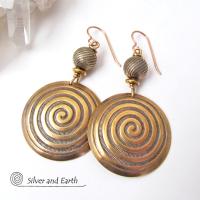 Gold Brass Earrings with Spiral Pattern - Spiral Symbol of Life Jewelry