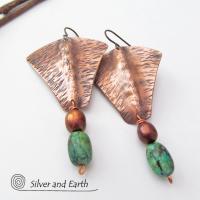 Copper Earrings with African Turquoise & Pearls - Hand Forged Metal Jewelry