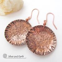 Large Copper Earrings with Rustic Hammered Texture - Hand Forged Metal Jewelry