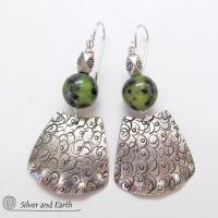 Bold Exotic Sterling Silver Earrings with Green Jade Gemstones