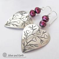 Sterling Silver Heart Earrings with Burgundy Pearls - Unique Romantic Jewelry