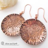 Large Copper Earrings with Rustic Hammered Texture - Hand Forged Metal Jewelry