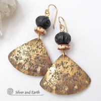 Gold Brass Tribal Earrings with African Carved Bone & Wood Beads