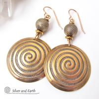 Gold Brass Earrings with Spiral Pattern - Spiral Symbol of Life Jewelry