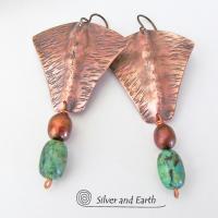 Copper Earrings with Dangling White Pearls - Anniversary Gifts for Women