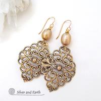Brass Filigree Earrings with Gold Pearls - Ornate Filigree Jewelry
