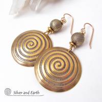 Gold Brass Earrings with Spiral Pattern - Spiral Symbol of Life Jewelry