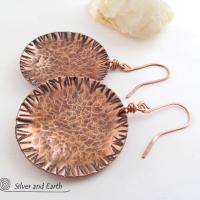Large Copper Earrings with Rustic Hammered Texture - Hand Forged Metal Jewelry
