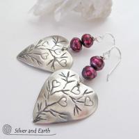 Sterling Silver Heart Earrings with Burgundy Pearls - Unique Romantic Jewelry