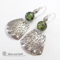 Bold Exotic Sterling Silver Earrings with Green Jade Gemstones