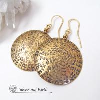 Big Bold Gold Brass Dangle Earrings - Unique Handmade Metal Jewelry