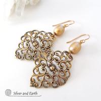 Brass Filigree Earrings with Gold Pearls - Ornate Filigree Jewelry