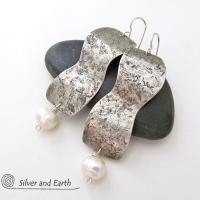 Modern Contemporary Sterling Silver Earrings with Dangling White Pearls