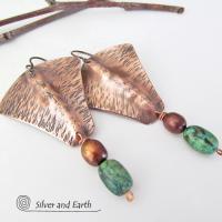 Copper Earrings with African Turquoise & Pearls - Hand Forged Metal Jewelry