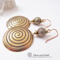 Gold Brass Earrings with Spiral Pattern - Spiral Symbol of Life Jewelry