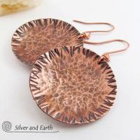 Large Copper Earrings with Rustic Hammered Texture - Hand Forged Metal Jewelry