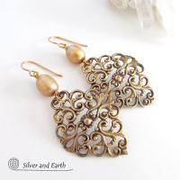 Brass Filigree Earrings with Gold Pearls - Ornate Filigree Jewelry