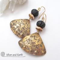 Gold Brass Tribal Earrings with African Carved Bone & Wood Beads