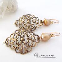 Brass Filigree Earrings with Gold Pearls - Ornate Filigree Jewelry