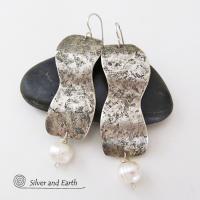Modern Contemporary Sterling Silver Earrings with Dangling White Pearls