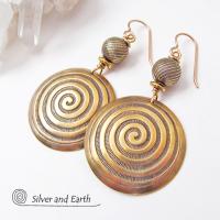 Gold Brass Earrings with Spiral Pattern - Spiral Symbol of Life Jewelry