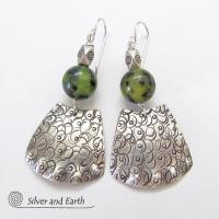Bold Exotic Sterling Silver Earrings with Green Jade Gemstones